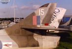 A bit weather-worn, this Hunter, but it does show the panel lines off well! Note the red rudder lock. The brake parachute fairing over the engine was added to F.6s as part of the F.6A conversion; it's obvious this particular one is from another Hunter judging by the difference in the paint demarcation line.