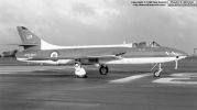 Undoubtedly one of the most attractive colour schemes ever applied to a naval single-seat Hunter was borne by this PR11, XE689 '696'. One of only a handful fitted with an FR10-type camera nose, it is seen in the Spring 1967 about to take off from RAF Kemble after a period in store, still bearing the colours of its previous unit, number 764 Squadron at Lossiemouth. The camera nose was later replaced by a Harley light and the aircraft remained operational until the demise of the Hunter in navy use. It was then purchased by the Classic Jet Aircraft based at Exeter where it joined the company's growing collection of airworthy Hunters.