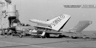 Taken on the same day, this shot on Centaur's deck depicts 893 NAS FAW.1 XN654 '464', probably undergoing maintenance in the cockpit area as the canopy had been removed. Note that an arrester-wire was in position even though the ship was in harbour at the time - just another hazard for the inattentive matelot!