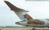 K.1A XH648's tail, showing the position of various markings and the distinct upward sweep of the tailplane. The strakes below the fin flash are on the edge of the airbrake; this opens up on either side leaving the tailcone in place. On the K.2 variant the fuel dump pipe exits through the tailcone, but not on this K.1A.