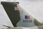 B.2 XH558. Brake parachute door open. The fairings on the top of the fin are for the radar warning receiver fit.